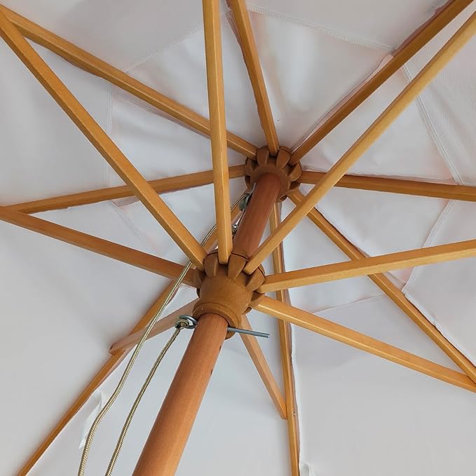 AMMSUN 8.2ft Vintage Wood Outdoor Umbrella, with a pulley system, UPF 50+, for markets, gardens, porches, courtyards, beach terraces, cafes, taverns, dining tables, pool sides, wedding venues