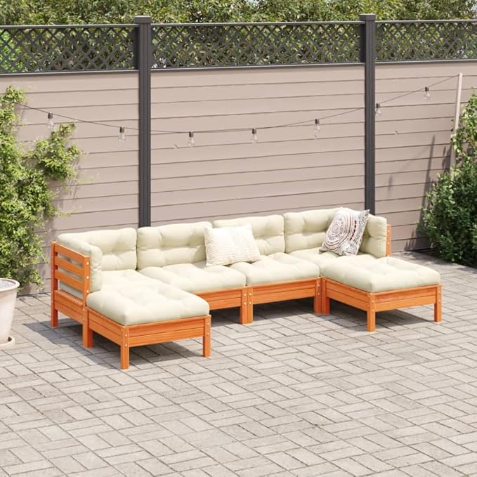 6 Piece Patio Sofa Set with Cushions, Front Porch Furniture Patio Conversation Set Garden Lounge Set Outdoor Dining Sets for Garden Negotiation Area Poolside Piazza Wax Brown Solid Wood Pine