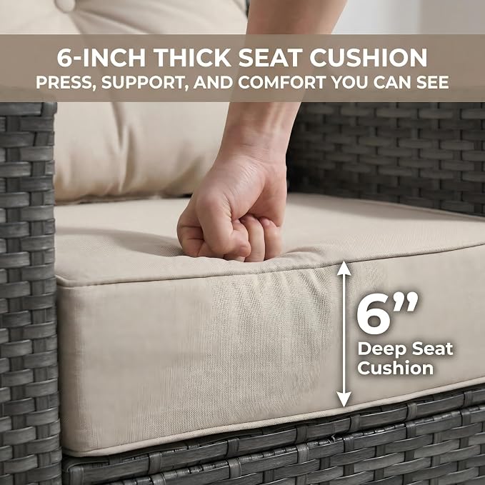 3-Piece Outdoor Patio Furniture Set, Grey Wicker Conversation Set with 2 High-Back Chairs and Side Table, 6-Inch Beige Olefin Cushions for Porch, Deck, Balcony