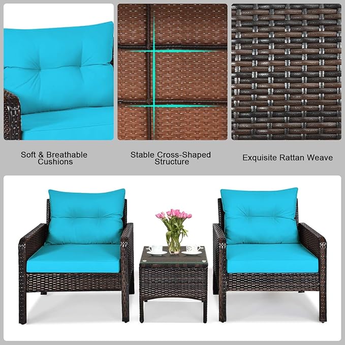 ORALNER 3-Piece Patio Conversation Set, All-Weather Wicker Sofa Chair and Coffee Table Set with Thick Cushions, Outdoor Furniture, Rattan Bistro Set for Balcony Deck Porch Poolside Garden (Turquoise)