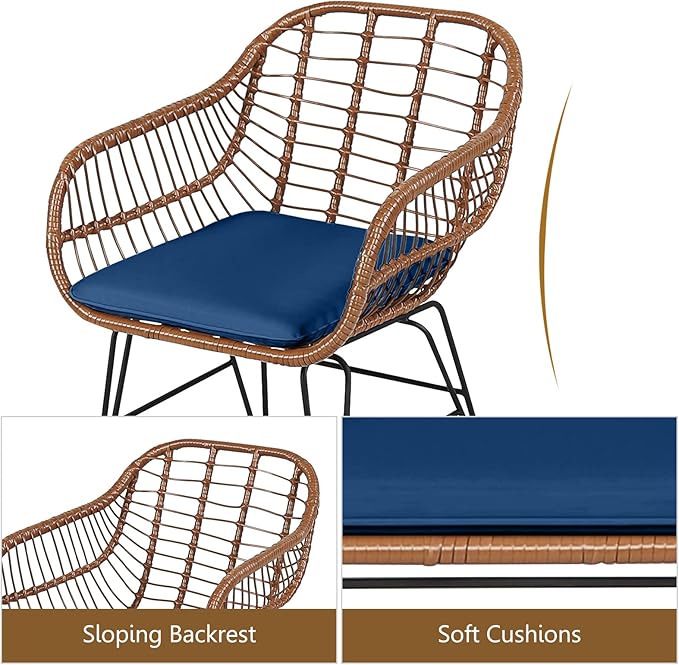 DORTALA 3 Piece Patio Bistro Set, Outdoor Wicker Furniture with Round Tempered Glass Top Table & 2 Rattan Armchairs, Cushions, Conversation Set for Porch, Backyard, Garden, Navy