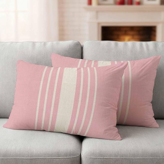 Pink Beige Striped Outdoor Pillow Covers 20x12 Inch Lumbar Pillow Covers Set of 2 Waterproof Decorative Throw Pillow Cases Modern Farmhouse Retro Lines Cushion Covers for Patio Furniture Garden Couch