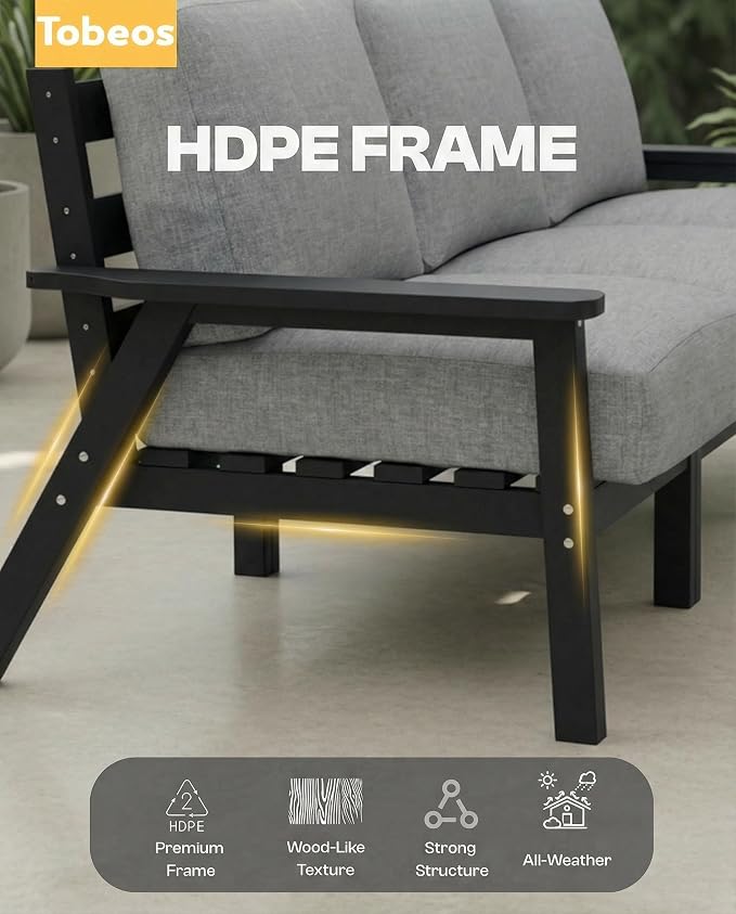 2 Piece HDPE Outdoor Furniture Set with Gray Cushions (Black Frame) | All-Weather HDPE, Modular Design, Extra-Deep Seating, Thick Cushions, Ideal for Backyard, Deck & Porch