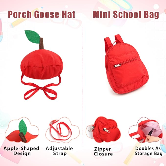 Back to School Porch Goose Outfit with Schoolbag for School Outdoor Decor | Fits 23'' Goose Statues, with Apple Hat, School Bag, Pencil, and Notebook, for Classroom Garden Yard Lawn Patio Decoration