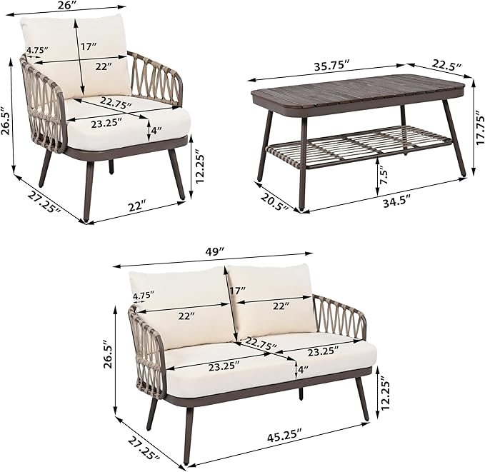 Montary 4-Piece U-Shaped Outdoor Patio Conversation Set - Metal Chairs with Woven Rope Design, Includes Acacia Coffee Table & Thick Cushions for Garden,Poolside, Balcony, Backyard (Brown)