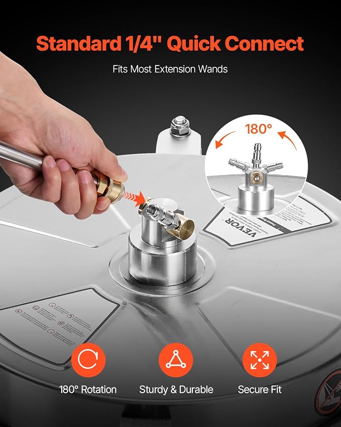 VEVOR 15 Inch Pressure Washer Surface Cleaner, 4000 PSI Stainless Steel Attachment with 4 Wheels, 2 Nozzles, 1/4 Inch Quick Connect and 2 Wands for Concrete, Patio, Deck