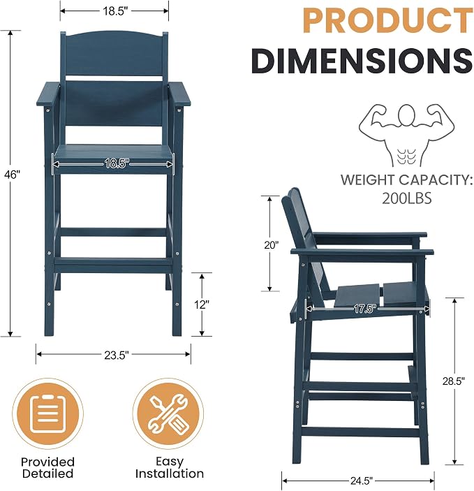 2 Pack Outdoor Bar Stools, HDPE Patio Bar Chairs with Armrests & Footrest, Weather Resistant All-Weather Counter Height Chairs for Outdoor Deck, Backyard, Poolside,Blue