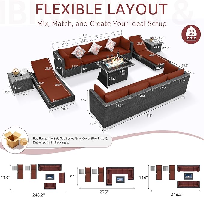NICESOUL 13 Piece Outside Patio Set with Fire Pit Table, Non-Fading All Weather Deck Furniture Sets with Sun Loungers, Comfy Big Exterior Seat 10-Seater for Garden, Grey Wicker & Burgundy Cushion