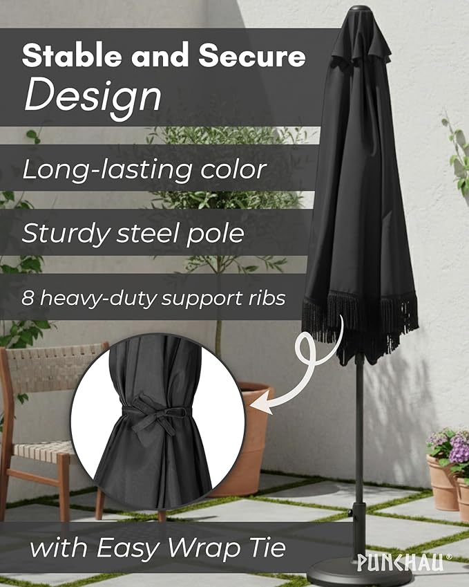 6 Ft Fringe Patio Umbrella - Outdoor Umbrella for Patio, Pool, Table, Garden, & Deck, Push Button Tilt Pole - Fashionable Vintage Tassels - White