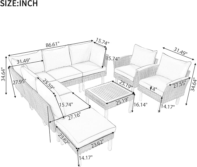 JIVOIT 9-Piece Outdoor Patio Furniture Sets, PE Rattan Wicker Sofa Set with Acacia Wood Tabletop Coffee Table and Wood Legs, Armrest Chairs, Sectional Sofa Set (Nature+Gray Cushions 02)
