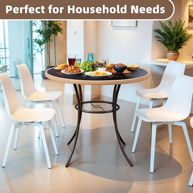 AVAWING 35.6-Inch Round Outdoor Dining Table for 4-6, All-Weather Steel Frame & Glass Tabletop with Umbrella Hole, Patio Furniture for Garden, Backyard, Poolside, Black(Only Table)