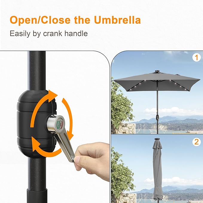 Square Patio Umbrella With Solar Lights, 6.5x6.5ft Square Umbrella Outdoor Patio with Tilt and Crank for Pool, Deck, Garden,Backyard