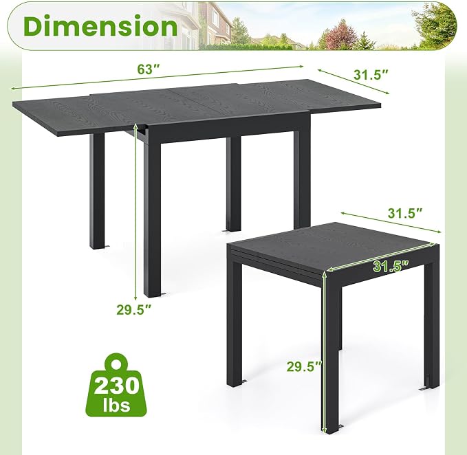 Tangkula 31.5"-63" Extendable Patio Dining Table, Aluminum Adjustable Outdoor Dining Table for 4-6 People, L-Shaped Brace Included for Fixation, Space-Saving Outside Table for Garden, Porch, Poolside