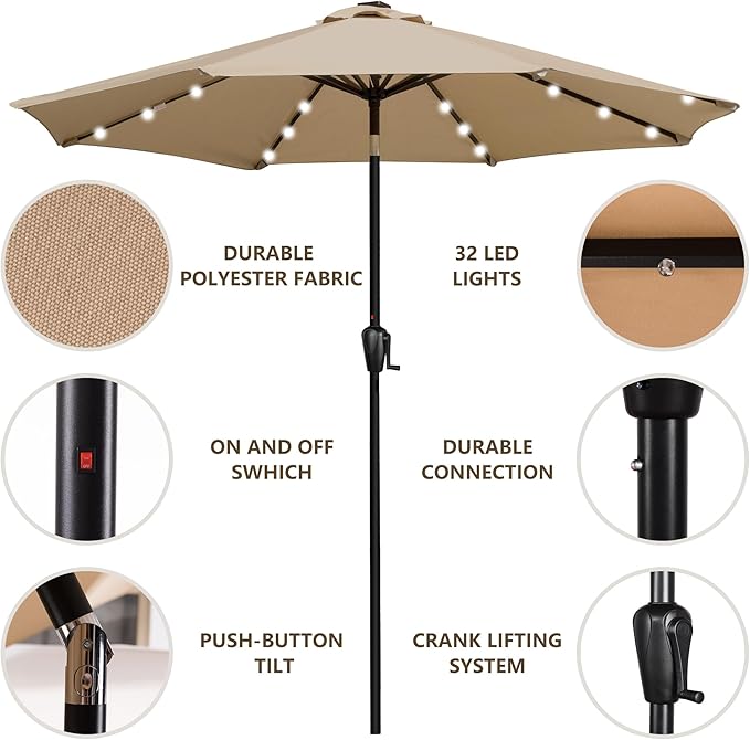 9' Round Patio Umbrella with 32 Solar Powered LED Lights, Push-Button Tilt and Hand Crank Lift, Solar Umbrella in Taupe for Porch, Deck, and Patio by Sun-Ray