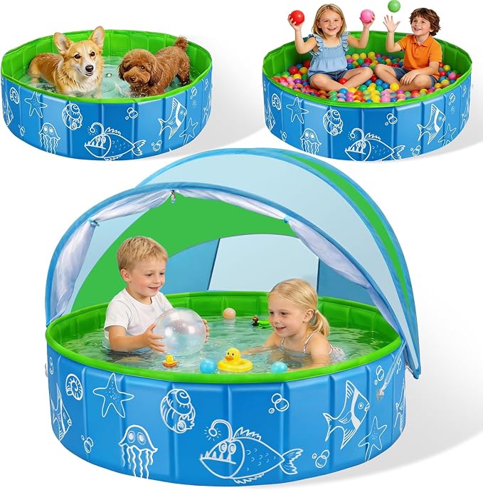 Foldable Kiddie Pool with Canopy, 47in Baby Pool with Detachable UPF 50+ Sunshade, Portable Non-Slip Swimming Pool Dog Pool for Backyard, Beach, Outdoor Summer Water Play