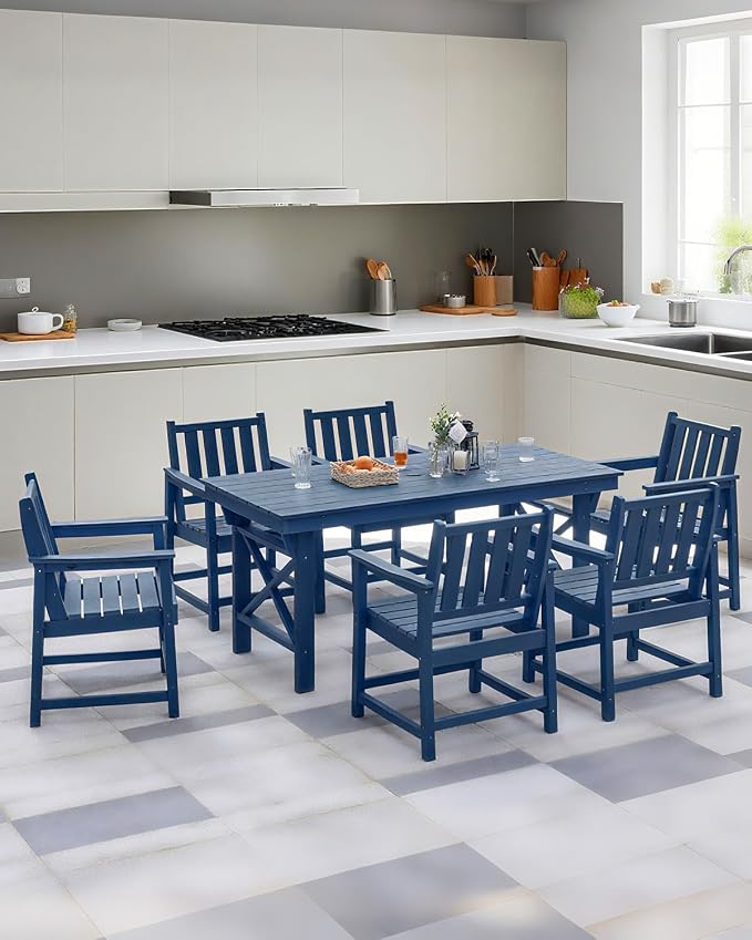 Outdoor Patio Dining Table Set, 7-Piece Outdoor HDPE Dining Furniture Sets with Umbrella Hole Cut-Out Table and 6 Chairs for Patio, Garden, Backyard, Lawn and Poolside, Navy