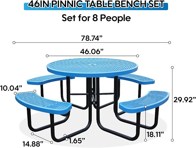 46 Inch Round Outdoor Metal Picnic Table, All-Weather Patio Dining Set for 6-8 Adults, Heavy Duty Steel with Central Umbrella Hole, Perfect for Garden, Backyard, Deck & Small Spaces - Easy Assembly