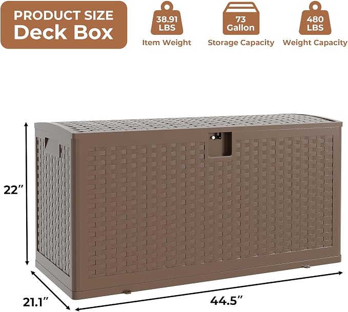 Resin Deck Box, 73 Gal Outdoor Storage Box Waterproof Lockable, Patio Square Deck Box For Package Delivery, Outside Storage Box Container for Furniture Cushions, Garden Tools, Pool Accessories, Brown