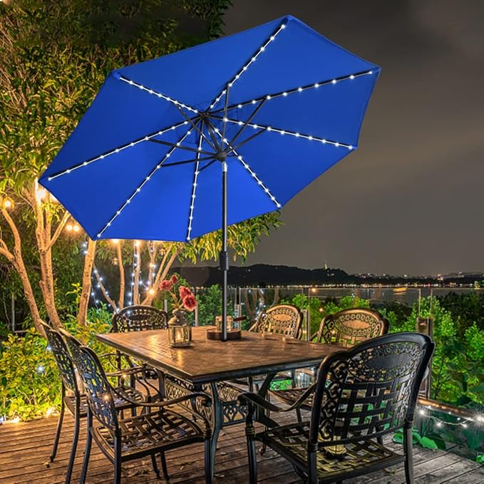 EliteShade USA 10-Year-Non-Fading 9ft Market Patio Umbrella, Commercial Grade Table Sun Umbrella with 80 Solar LED Lights, Crank Open, Windproof & UPF 50+ UV Protection for Garden, Deck, Pool, Backyard, Royal Blue