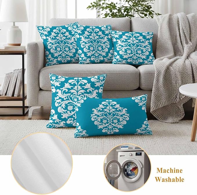Outdoor Pillow Covers Set of 2, Abstract Minimalist Boho Blue Flower Decorative Throw Pillow Covers 16X16IN, Aesthetic Art Throw Pillows Protector Cushion Case for Patio,Couch,Sofa,Garden