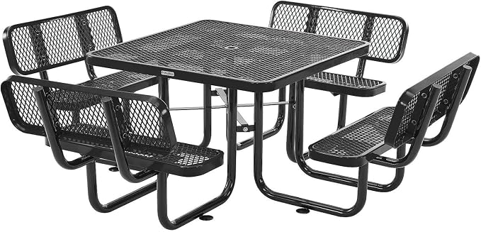 Global Industrial 46" Square Picnic Table with Backrests, Expanded Metal, Black Thermoplastic Coating, 1-1/2" Umbrella Hole, Outdoor-Rated, 1000 Lbs Capacity