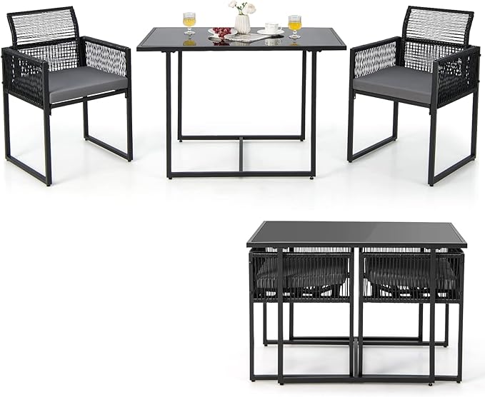 Tangkula 3 Pieces Outdoor Dining Set, Patio PE Rattan Furniture Set with Folding Backrest, Cozy Seat Cushions, Tempered Glass Tabletop, Space-Saving Rattan Chair Table Set for Backyard, Poolside