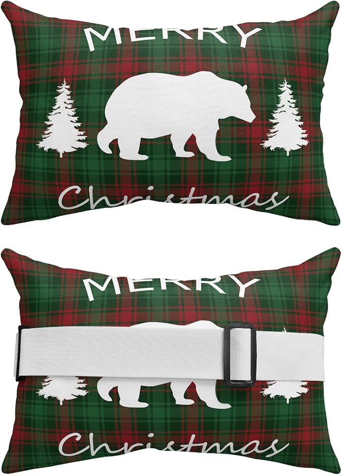 Outdoor Pillows Covers with Inserts Merry Christmas Bear and Tree Red Green Buffalo Plaid Waterproof Pillow with Adjustable Strap Throw Pillows for Patio Furniture Recliner Lounge Chair, 12"x20", 2PCS
