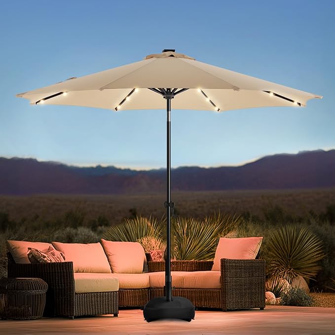 wikiwiki 10FT Solar Led Patio Umbrella with Base Included, 32 LED Lights, 8 Sturdy Ribs, Fade Resistant Waterproof POLYESTER DTY Canopy for Garden, Lawn, Deck, Backyard & Pool, Beige