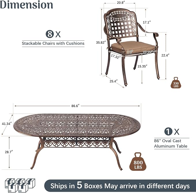 Redlife 9-Piece Cast Aluminum Outdoor Dining Set, 86" Oval Patio Table with Umbrella Hole, 8 Stackable Chairs with Cushion, Lattice Backrest, Waterproof Patio Furniture Set for Deck, Backyard