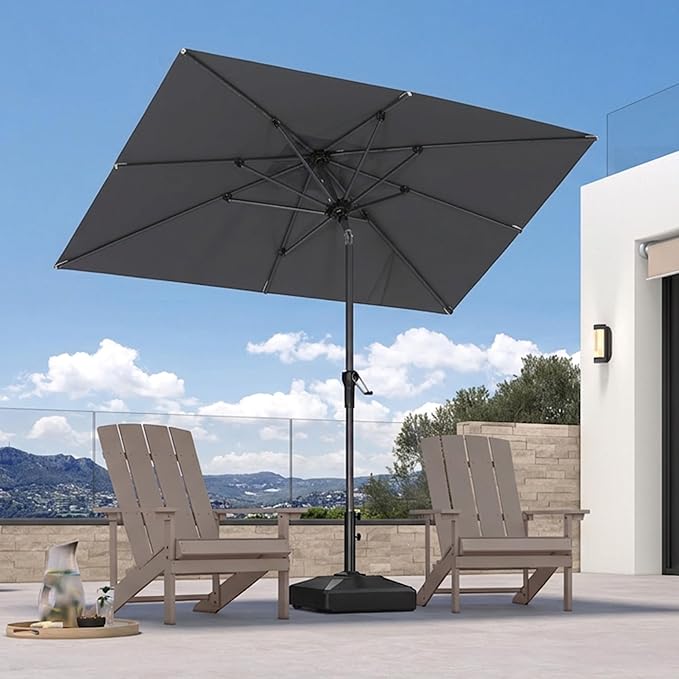 PURPLE LEAF 8' x 5' Rectangle Patio Market Umbrella with Base Outdoor Table Umbrellas Aluminum Frame Sun Shade with 8 Sturdy Ribs Tilt for Garden Deck Lawn Pool Light Gray