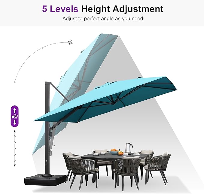 PURPLE LEAF 11 FT Square Patio Umbrella with Wheeled Base Included Large Outdoor Offset Umbrella with 360-degree Rotation Cantilever Umbrella for Pool Garden Deck Backyard Turquiose Blue