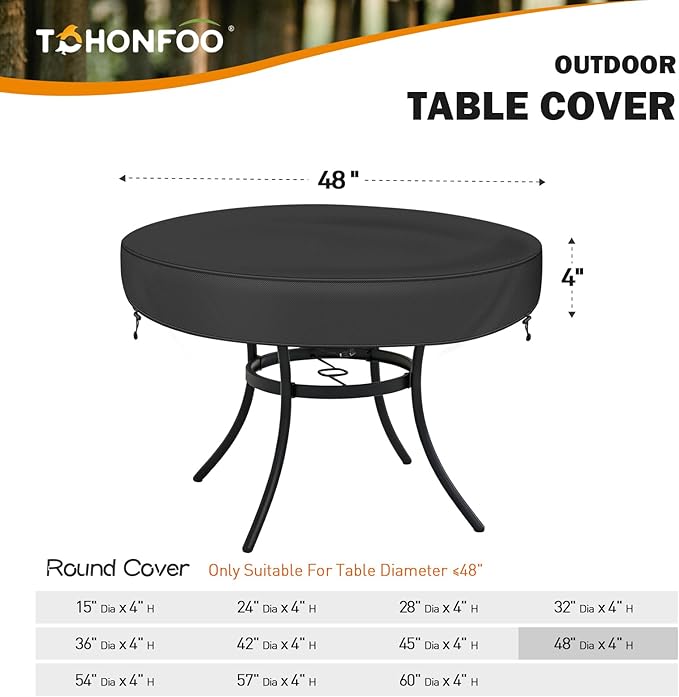 TOHONFOO Outdoor Round Table Cover - Waterproof Anti-UV Round Patio Table Cover - Fits Outdoor Table Up to 46-48 Inch