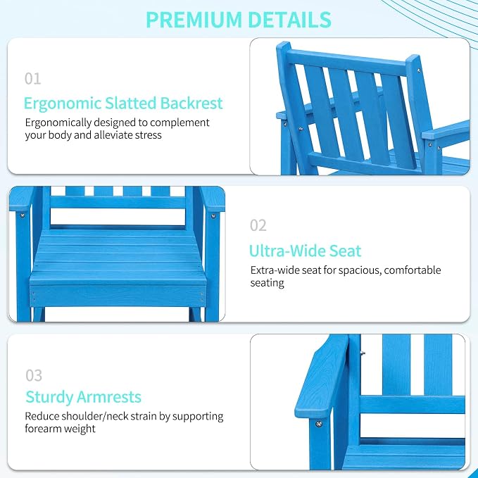All-Weather Outdoor Chairs, HDPE Outdoor Dining Chair with Backrest and Armrest, 300 LBS Support Garden Patio Furniture Chairs for Poolside, Deck and Porch, Blue