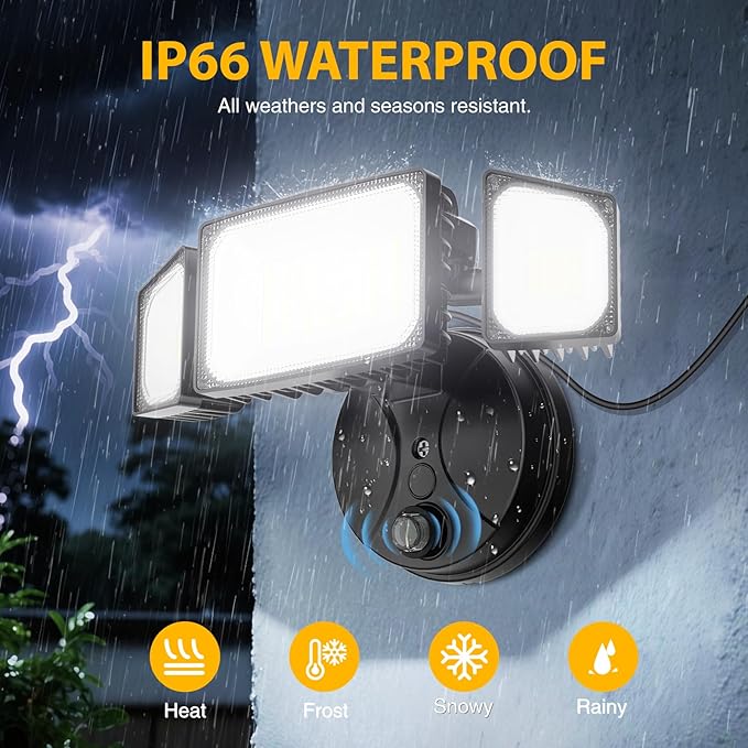 Onforu 80W Dusk to Dawn Outdoor Lighting,Plug in LED Flood Lights,Black Outdoor Lights with Remote,8000LM Security Light,IP66 Waterproof Lighting,2Modes 3 Adjustable Heads Light for Garage Yard