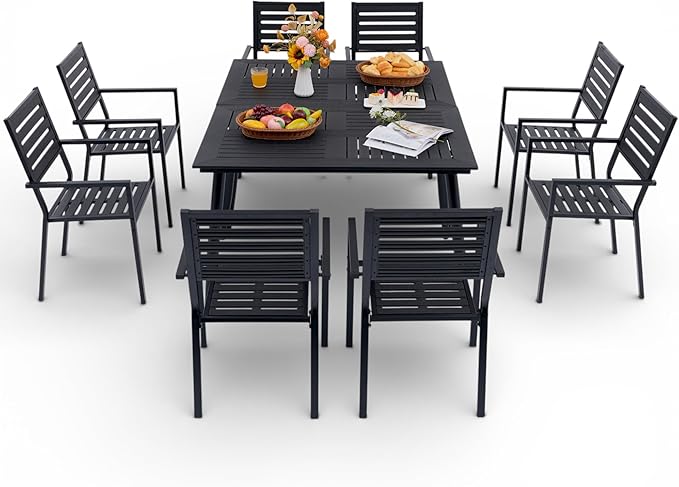 10-Piece Outdoor Dining Set - Two 47.25" HDPE Patio Tables and 8 Stackable Armrest Chairs - All-Weather Rust-Proof Steel Frame for Garden, Deck(Black)