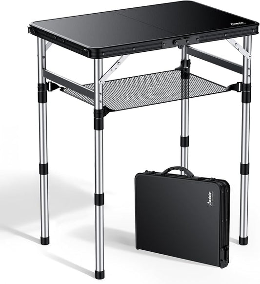 Anbte 2ft Small Plastic Folding Camping Table, Waterproof 3 Adjustable Height Portable Camping Table with Storage Net, Flat Tabletop, for Picnic Indoor Outdoor Travel Beach Patio, 22.8" X 15.7", Black