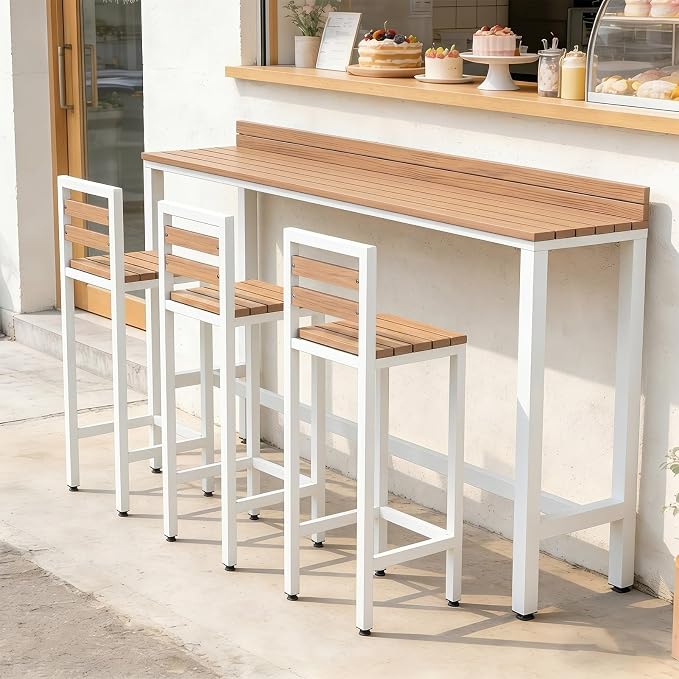 Outdoor Patio Bar Height Table with Baffle, Weather Resistant High Counter Table Porch Pub Tables Wood-Plastic Tabletop, for Poolside Garden Balcony Restaurant Cafe(White,70.8"x15.7"x40.5")