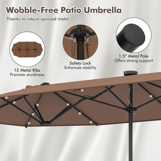 HAPPYGRILL Double-Sided Patio Umbrella with Solar Lights, 13FT Large Umbrella with Base Included, Crank Handle, Market Twin Table Umbrella for Outdoor Backyard Garden Poolside
