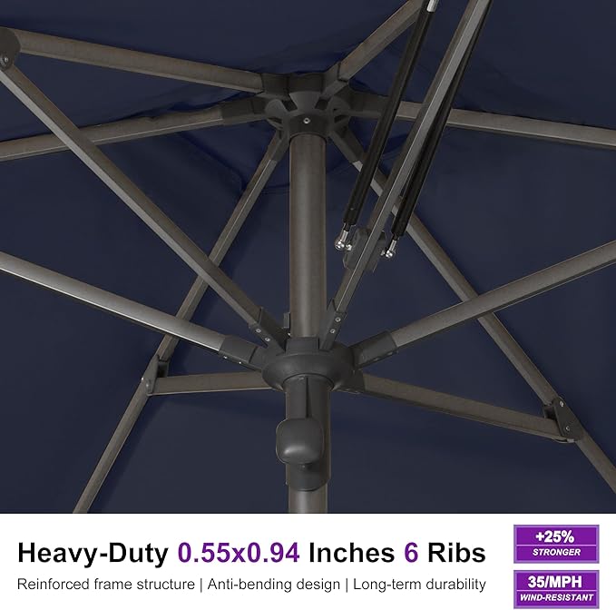 PURPLE LEAF 6 X 10 FT Commercial Rectangle Patio Market Umbrella Semi Auto Heavy Duty 1.9" Aluminum Pole 6 Sturdy Ribs for Outdoor Dining Business Restaurant Poolside Hotel Resort Wedding Venue Cafes Garden Navy Blue