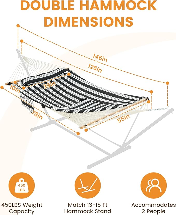 Lazy Daze Hammocks Rope Hammock with Pad, Spreader Bar, Carabiners, Tree Straps, Chains for Outside Patio- Max 450 Lbs, Black White Stripes