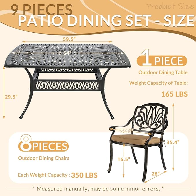 9 Piece Outdoor Patio Dining Set for 8, Cast Aluminium Large Square Dining Table & 8 Cushioned Stackable Chairs, Umbrella Hole, Patio Furniture Set for Garden Porch Poolside, Khaki