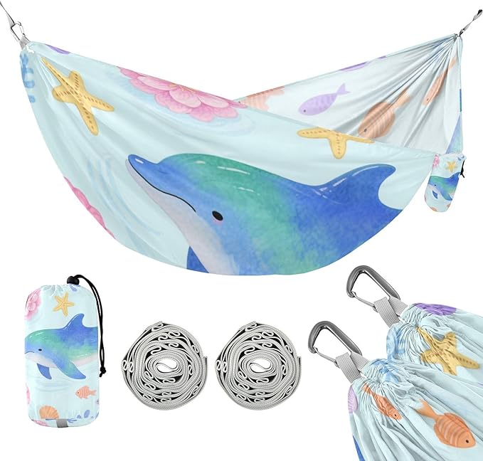 Watercolor Kid Style Dolphin Animal Fish 330lb Capacity Outdoor Hammocks with Tree Straps Hanging Hammock for Patio Backyard Lounge Base hamaca para adultos