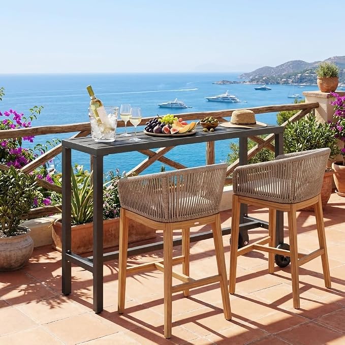 YITAHOME Metal Outdoor Patio Bar Table, 55" Tall Bar Height Table with Wheels, Narrow Rectangle Console Table for Balcony Garden Poolside, Silver Bottom Texture
