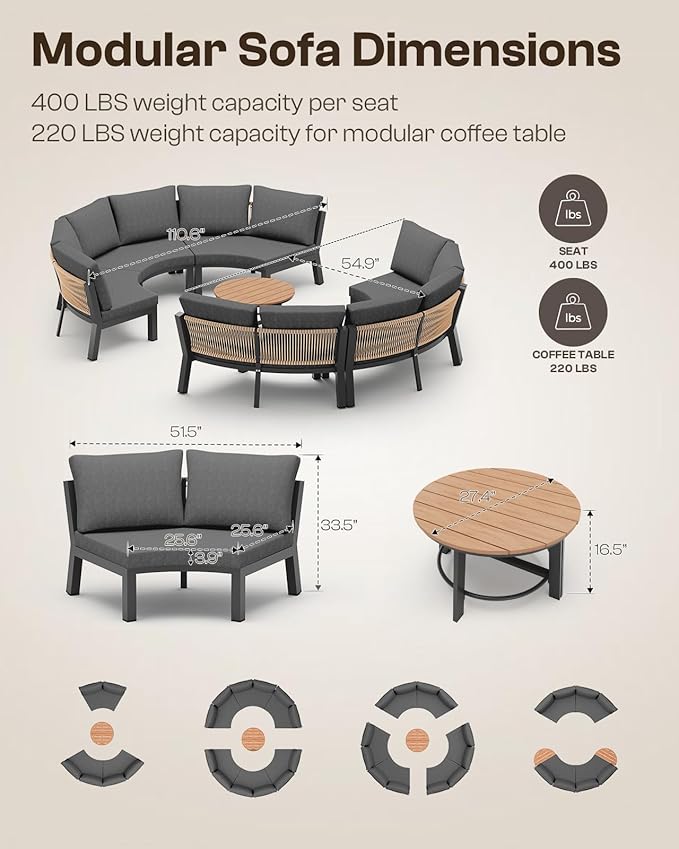 Patio Furniture Set, Aluminum Half-Moon Patio Conversation Sets, Luxury Outdoor Sectional Sofa with PE Rope, All-Weather 7 Piece Outdoor Couch with Modular Coffee Table & Cushions, Graphite