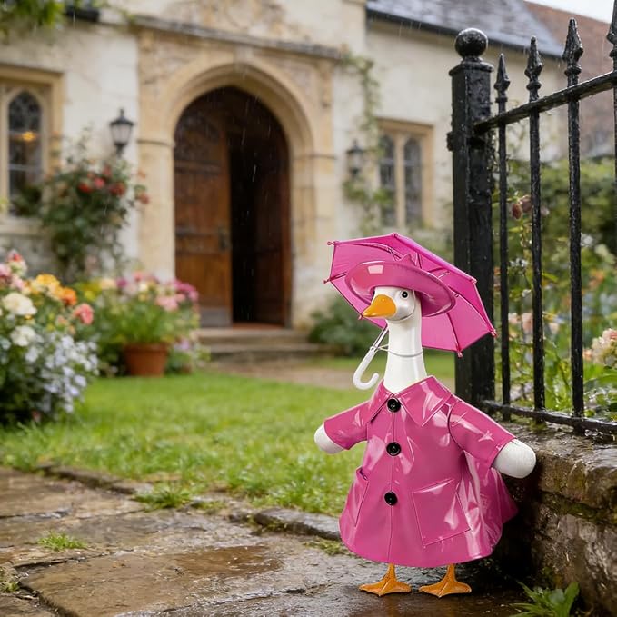 STONESTAR Raincoat Porch Goose Outfits with Umbrella Hat, Goose Spring Outfit Lawn Goose Raincoat Clothes Costume Fits 23" Geese Statue, Summer Garden Lawn Patio Yard Outdoor Decor (Raincoat-Pink)