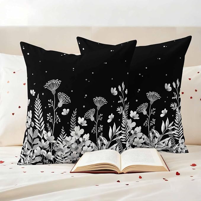 Outdoor Pillow Covers Waterproof, Vintage Floral Decorative Square Throw Pillowcases Patio Cushion Covers for Tent/Garden, 18" x 18" 2 Pack, Spring Wildflowers Country Botanical Black
