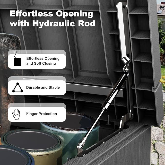 Vixzen 280 Gallon Large Outdoor Storage Box Waterproof, UV Resistant Resin Deck Box with Hydraulic Rod & Lockable Latch for Patio Furniture, Outside Storage Box for Garden Tools, Patio Cushions, Black