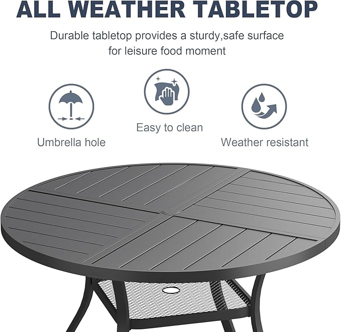 VICLLAX 7 Pieces Patio Outdoor Dining Set, 47.2" Round Metal Table with Umbrella Hole and Storage Shelf, 6 Stackable Textilene Chairs for Patio, Lawn, Garden, Porch, Black/Grey