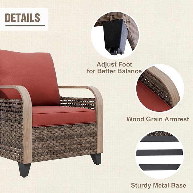 Modern Wicker Patio Furniture Set, Rattan Outdoor Conversation Set with Comfortable Cushions, 2 Patio Chairs, 2 Seat Loveseat, Coffee Table and Side Table, 5 Pieces, Brown/Red