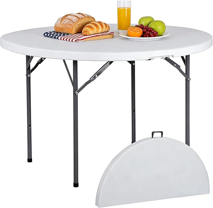 JupiterForce 4 FT Round Folding Table, 48" Indoor Outdoor Portable Plastic Dining Card Table for Kitchen, Commercial, Camping Picnic Party Wedding Event, White